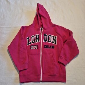 London England girls size 11/12 pink hoodie, mark on back of sleeve, VGUC